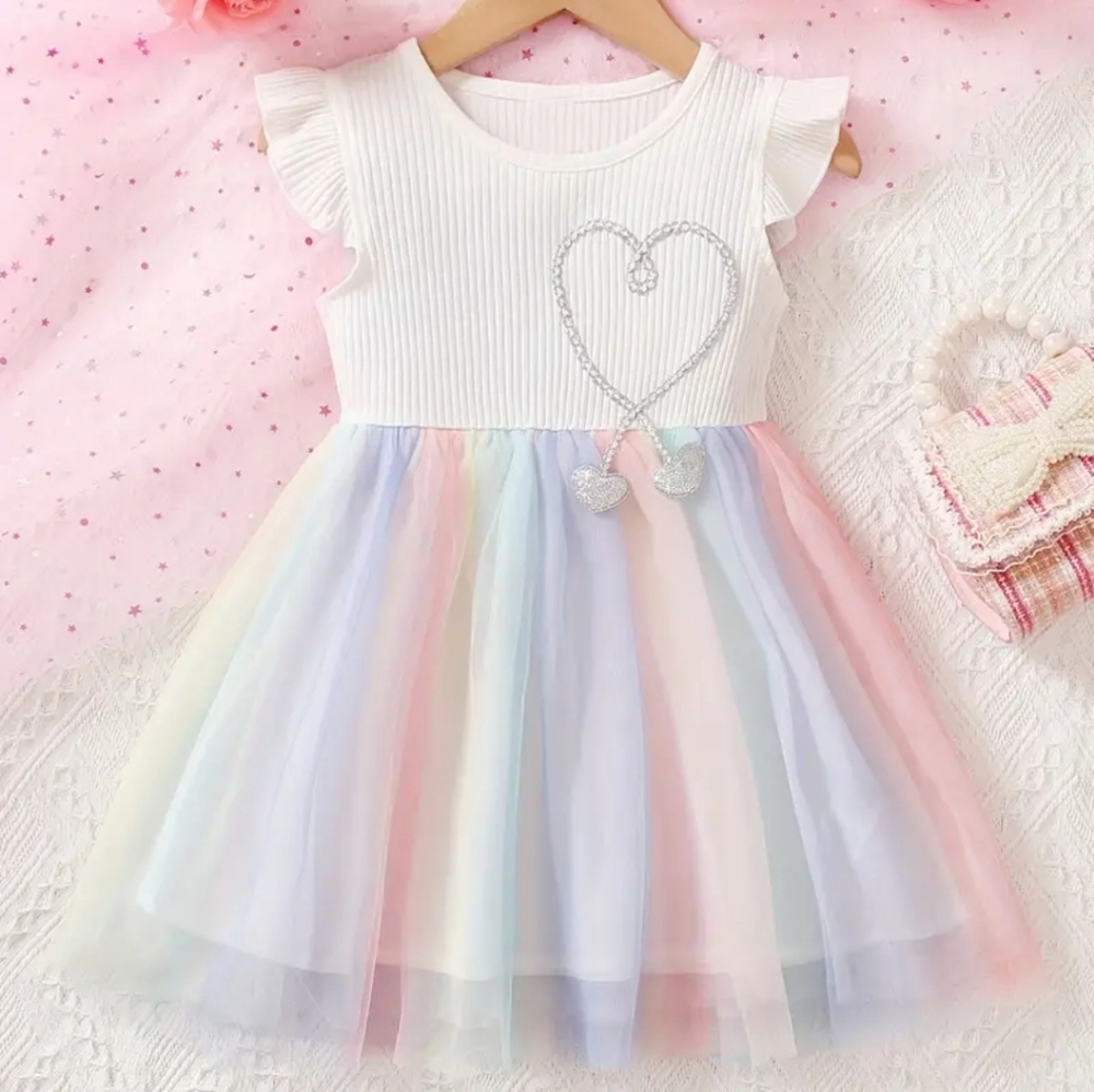Pastel Rainbow Kids Girls Fly Sleeves with‎ Heart Princess Tulle Midi Tutu Dress